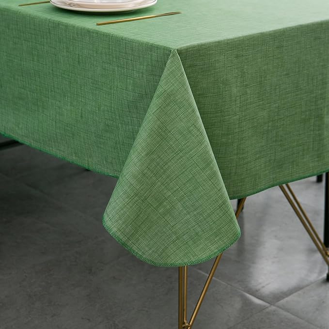 LIBERECOO Vinyl Tablecloth with Flannel Backing, Grass Green, Waterproof, Stain-Resistant, Easy-Clean Table Cover for Holiday, Dining, Kitchen, and Outdoor Use, 60" x 60" Square