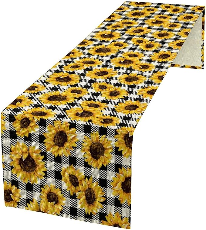 Summer Sunflower Table Runner, Sunshine Seasonal Buffalo Plaid Table Runner for Indoor Home Party Kitchen Dining Outdoor 13x36in