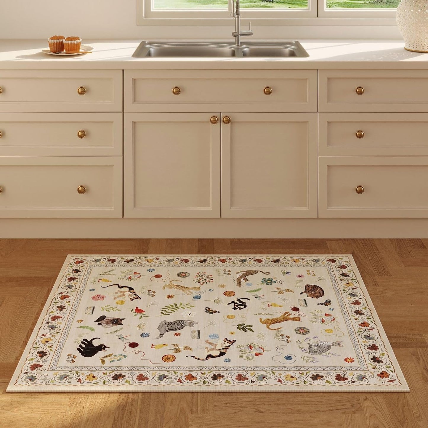 Rugcomf Door Mat Indoor Entrance 2x3 Rug Machine Washable Boho Floral Animal Cat Small Area Rug Non-Slip Low Pile Throw Rugs for Entryway Kitchen Front Door Indoor Entrance Entry Kids Room, Beige