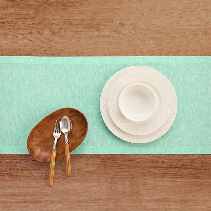 Solino Home Linen Table Runner 120 Inches Long - Athena, 100% Pure Linen Chambray Aqua Dining Table Runner 14 x 120 Inch for Winter, Spring, Easter