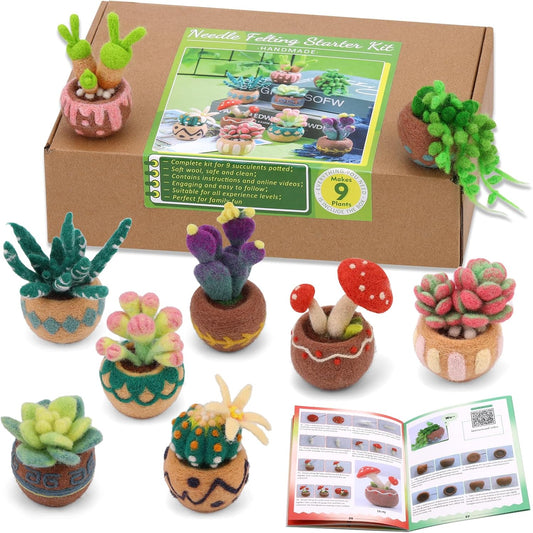 Yizzvb Needle Felting Kit, 9 Pcs Succulent Needle Felt Beginner Kits, Wool Felting Kit Including Wool Roving, Felting Pad, Felting Needles and Instructions for DIY Craft Home Decoration