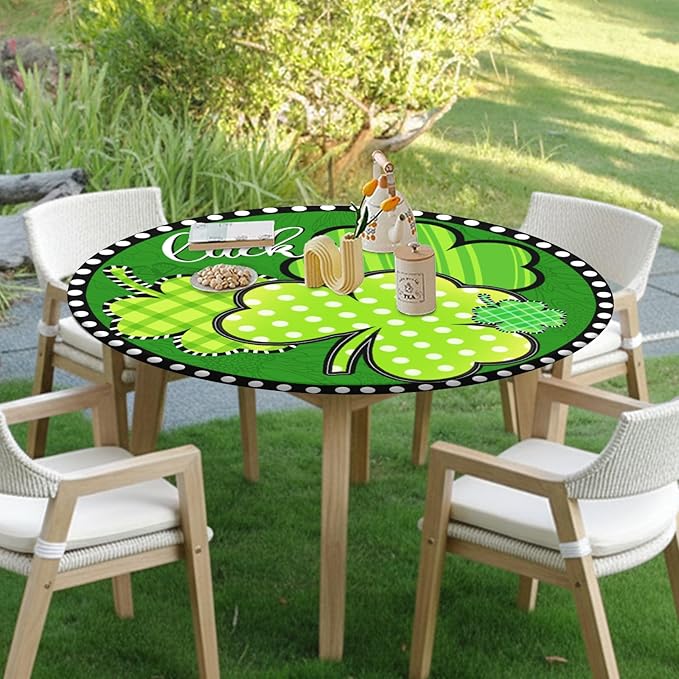 St Patricks Day Round Fitted Tablecloth with Elastic Green Shamrock Lucky Circle Table Cover for 48-52" Tables Spring Clover Wipeable Waterproof Washable Table Cloth for Party Picnic Dining Decor