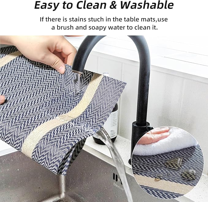 Vinyl Placemats Set of 8, PVC Woven Washable Non-Slip Table Mats, Heat Resistant Wrinkle Free Place Mats for Dining Table, Easy to Clean (Dark Blue)