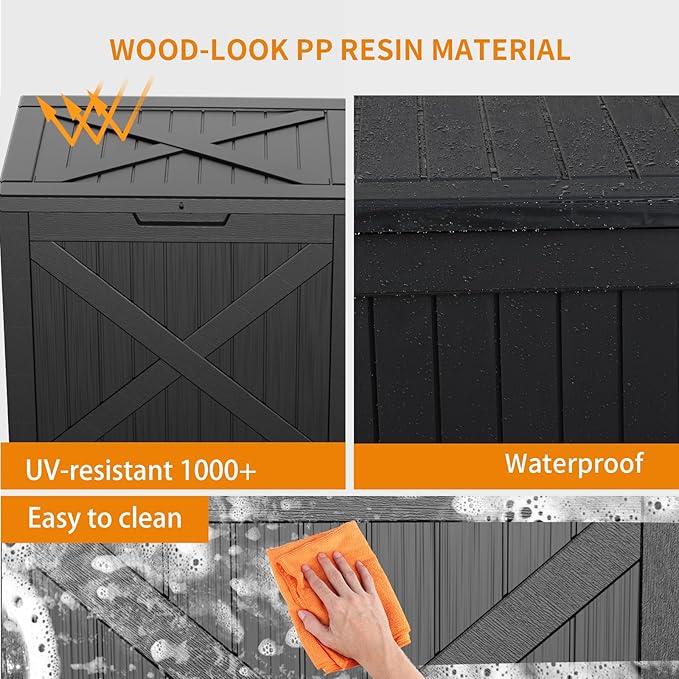 32 Gallon Waterproof Outdoor Storage Box, UV Resistant Resin Deck Box with Hydraulic Rod for Reinforced Stability, Perfect for Patio, Garden, and Pool, Black