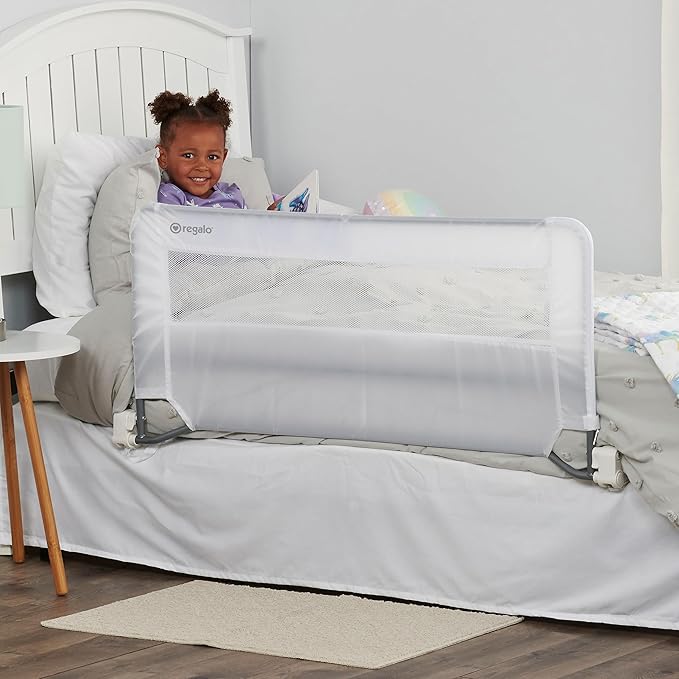 Regalo Safety Swing Down Bed Rail Guard for Toddlers, Bed Safety Rail with Patented Gap Guard, Fits Twin, Full & Queen Mattress, White, Tested & Safe for 30 Years, American Designed, Family Owned