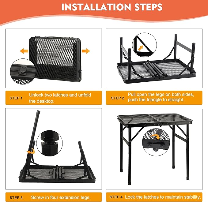 Camping Table with Mesh Desktop, Lightweight & Portable Folding Grill Table, Height Adjustable Metal Outdoor Table for Camp, Cooking, BBQ, RV, Picnic-3 FT Black