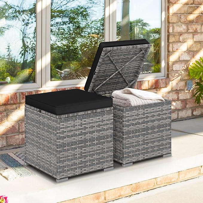 Tangkula 2 Pieces Patio Ottomans, Patiojoy Hand-Woven PE Rattan Side Table with Removable Cushion & Hidden Storage Space, Multifunctional Storage Box, Seat for Patio, Backyard, Poolside (Black&Grey)