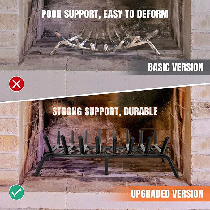 INNO STAGE Fireplace Grates with Ember Retainer - 30 Inch Fireplace Log Grate, Firewood Wood Log Holder Rack, Inside Wrought Cast Iron Fire Grate for Hearth Indoor Outdoor Camping