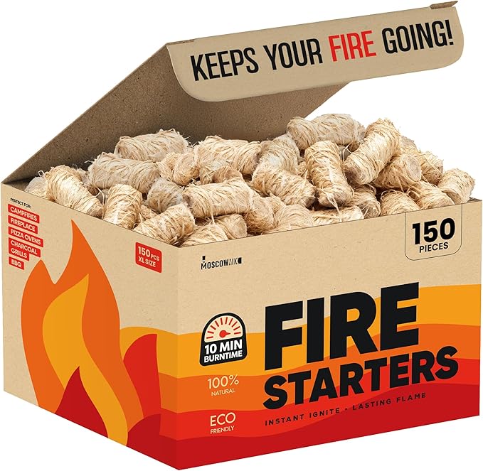Moscow-Mix Fire Starter (150 PCS) Bulk Natural Fire Starters for Campfires, Fireplace, Charcoal Starter for Grill, BBQ, Wood Stove, Fire Pits - Odorless, Non-Toxic, Waterproof Natural Wood Starters