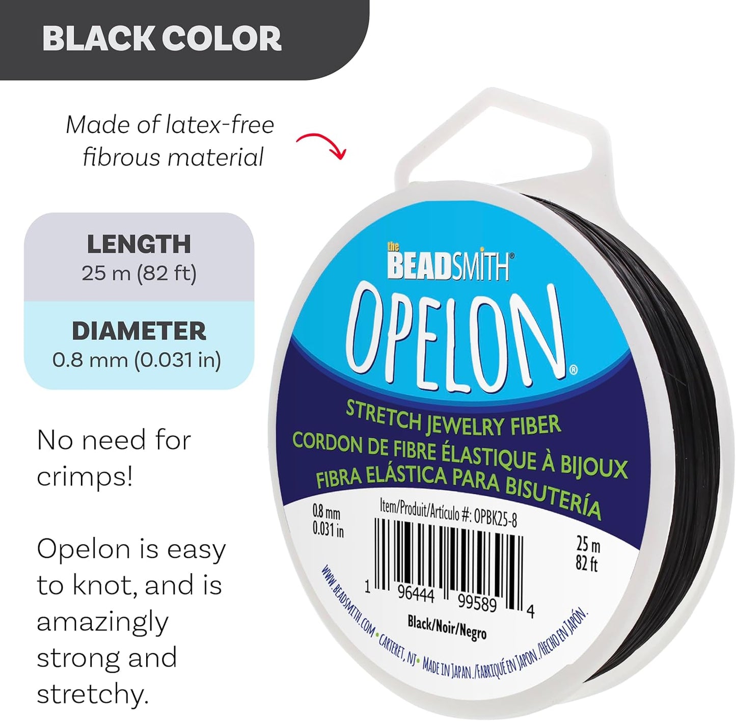 The Beadsmith Opelon Stretch Cord – Elastic Beading Fiber, Black, 0.8 mm Diameter, 25 Meters (82 ft) Spool