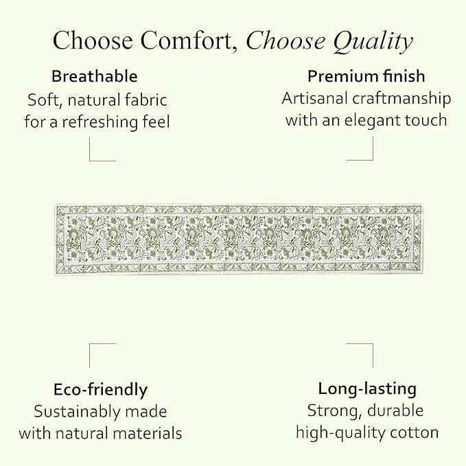 CPC Cotton Table Runner 16x72 Inch Block Printed Long Fall Table Runner for Dining Table, Card Table, Coffee Table, Wedding, Farmhouse & Outdoor Barbeque-Agate Green