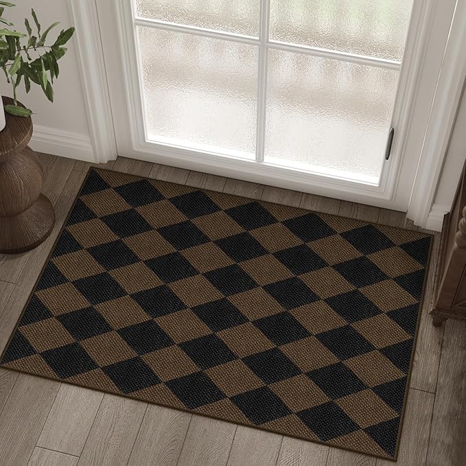 Easy Jute Checkered Entryway Rug, 2x3 Coffee Modern Indoor Outdoor Doormat, Washable Non-Slip Neutral Small Kitchen Rug Farmhouse Diamond Throw Rugs for Entrance Bedroom Bathroom