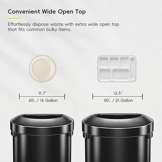 EKO Urban 21 Gallon Semi-Round Open Top Waste Bin, Stainless Steel Half Round Commercial Trash Can for Indoor and Outdoor, Extra Large Garbage Bin for Home, Office, Restaurant, 80L, Matte Black