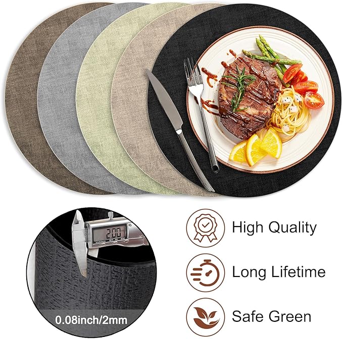 Round Faux Leather Placemats and Coasters, Set of 6, Reversible Heat Resistant Non-Slip Table Mats, Waterproof Wipeable Place Mats for Dining Table, Washable for Indoor & Outdoor (6, Black)