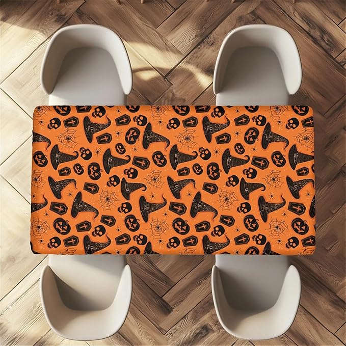Rectangle Table Cloth Cover Waterproof Elastic Fitted Polyester Fitted Tablecloths for 4 Foot Tables for Indoor,Picnic, Camping, Outdoor （48" x 24"，Halloween Tablecloth）