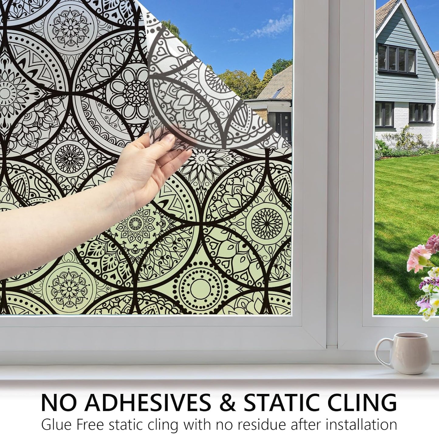 DKTIE Boho Stained Glass Look Window Privacy Film with Installation Tools, Decorative Frosted Glass Window Film Static Cling No Glue Removable, Pure Black, 35.4" x 118.1"