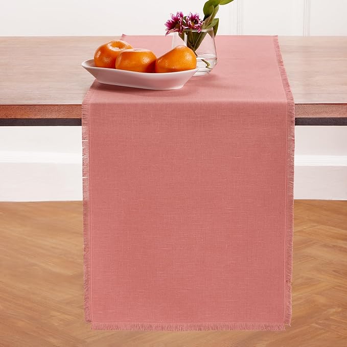 Solino Home Linen Dusty Rose Table Runner 90 Inches Long - Fringe, 100% Pure Linen Dining Table Runner 14 x 90 Inch for Valentines, Spring, Easter