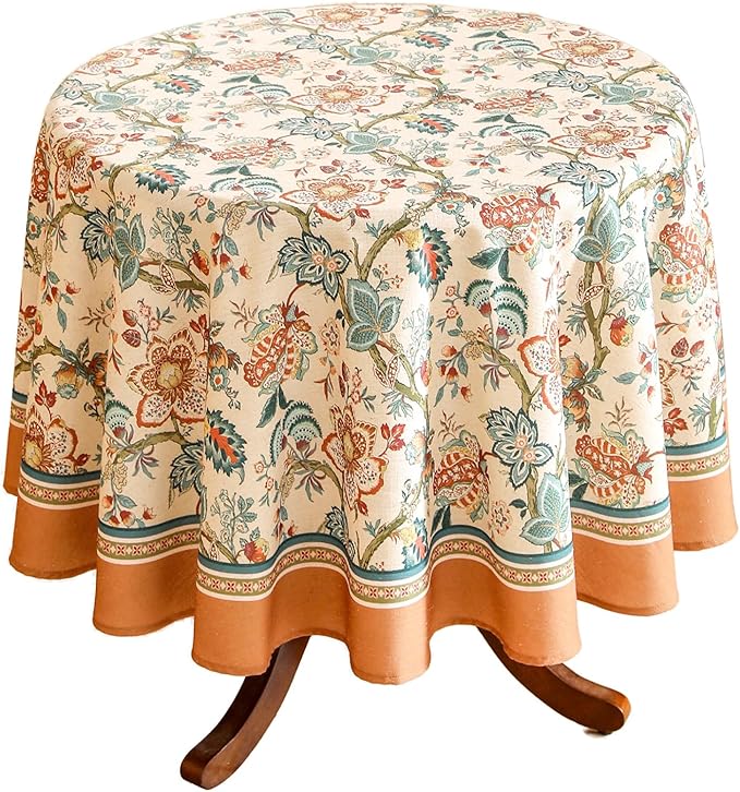 Designer Vintage Linen Small Round Tablecloth,Indian Style Wrinkle Free Orange Floral Table Cloth,Decor Table Cover for Kitchen,Dining,Thanksgivingome,Christmas,Diameter 55"-Mangala