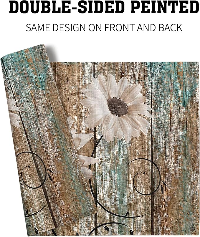 Giwawa Rustic Daisy Board Placemats- White Sunflowers on Vintage Wood Plank Linen Table Place Mat- Farmhouse Wooden Non-Slip Heat Resistant Table Mats for Dining Kitchen Cabin Lodge Decor
