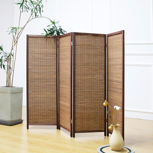 4 Panel Short Room Divider Screen,Brown Freestanding Partition,Small Bamboo Panel Divider for Room Seperation,3.95 FT Tall