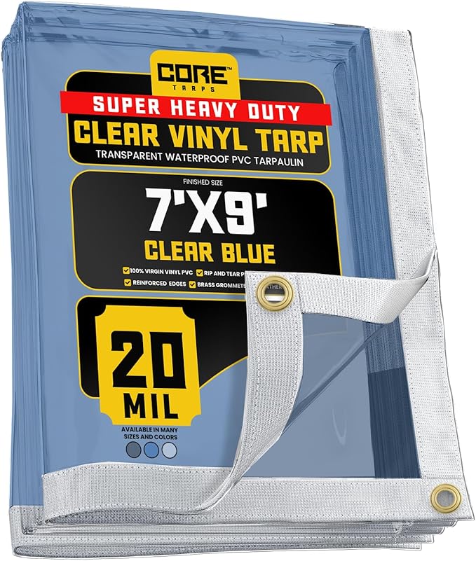 Core Tarps 20 Mil Extreme Heavy Duty Clear Tarp with Grommets - 7x9ft Super Clear Tarps Heavy Duty Waterproof Vinyl Tarpaulin, Transparent Tarp for Outdoor, Camping & Construction, Blue