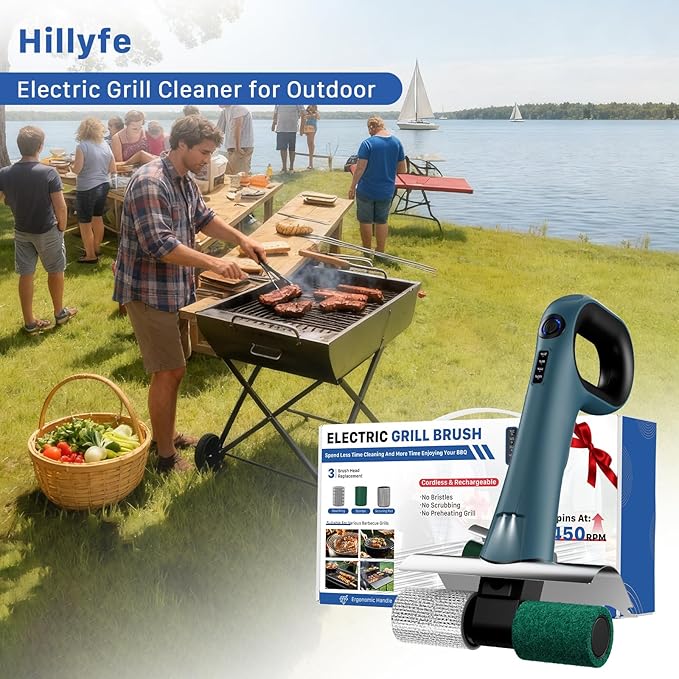 Hillyfe Grill Brush for Outdoor，Cordless Rechargeable Grill Brush with 3 Brush Heads, Grill Electric Cleaning Brushes Without Bristles, LED Light, Grill Scraper, Grilling Gifts for Men,Blue