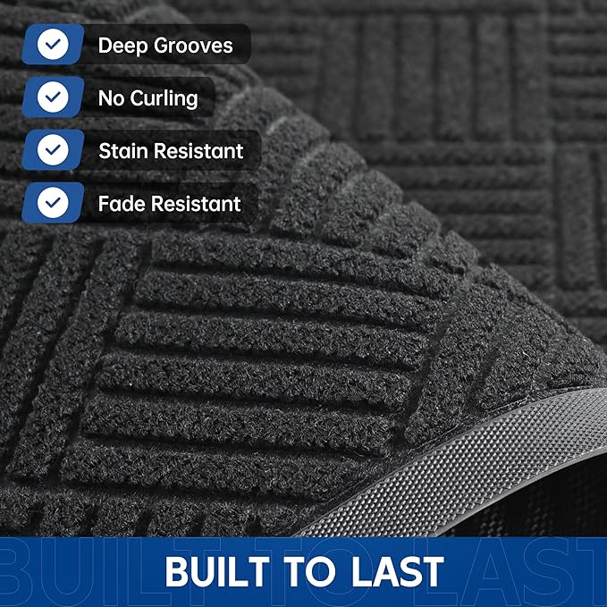 Durable Indoor Outdoor Door Mat, 2' x 6' Heavy Duty Front Door Mat for Entryway, Non-Slip Backing, Stain and Fade Resistant, Absorbent Commercial Floor Mat for High Traffic Area, Black