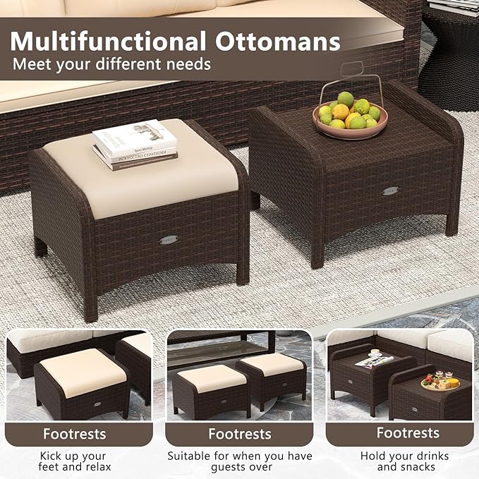 Tangkula 2 Pieces Outdoor Patio PE Wicker Ottomans with Removable Cushions, Outdoor Furniture for Additional Seating, Footrest and Side Table, Outdoor Footstools for Porch, Garden and Backyard