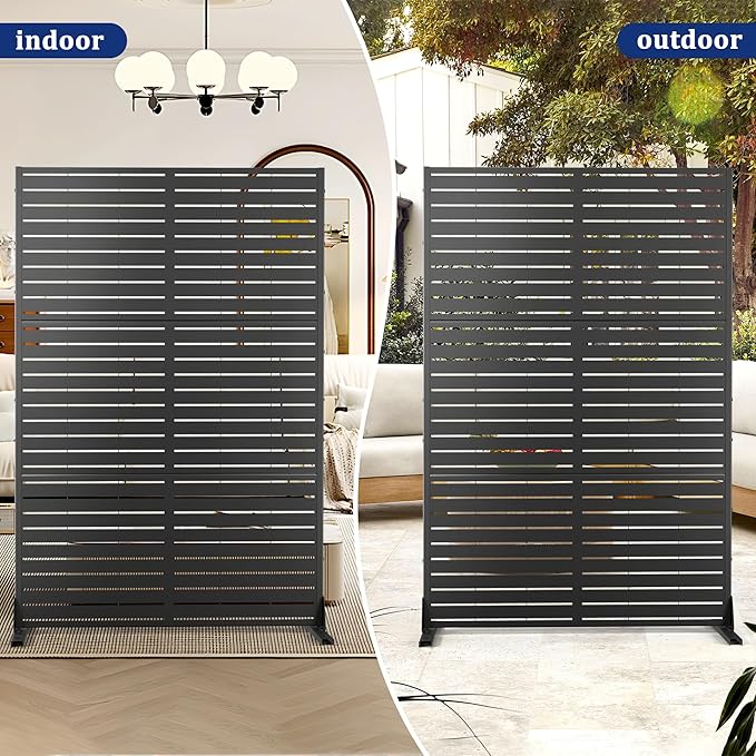 Metal Privacy Screen with Stand 72" H×47" W Outdoor Freestanding Privacy Screen & Panels, Outdoor Privacy Screen for Deck Patio Balcony(Black-Louvered)