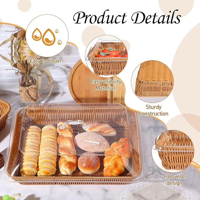 2 Set Wicker Bread Basket for Serving with Acrylic Lid Imitation Rattan Bread Basket Woven Rectangular with Cover for Fruit Food Display Party Easter Picnic(15.75" X 11.81", 13.78" X 9.84")