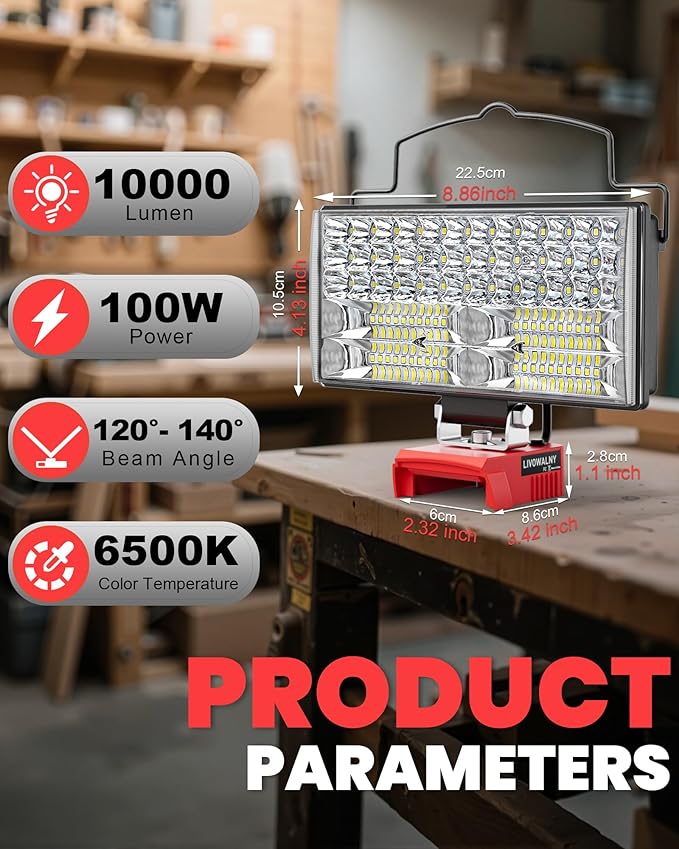 LIVOWALNY 7'' 100W LED Work Light Compatible with Milwaukee Battery, 2PCS 10000LM Portable Flashlight with USB & Type-C Output Port, Low Voltage Protection Flood Light for Camping Emergency Car Repair