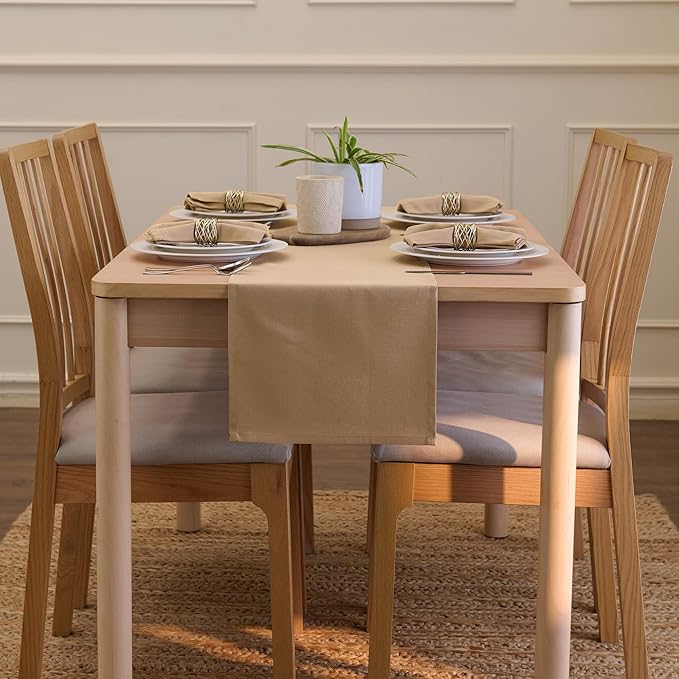 Encasa XO Table Runner 13"x104" Long | Cotton Canvas Fabric | Light Beige Solid Color | Machine Washable & Durable