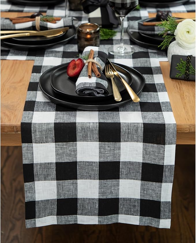 Solino Home Linen Checkered Table Runner 132 Inches Long - 100% Pure Linen Black and White Buffalo Check Extra Long Table Runner 14 x 132 Inch Ideal for Dining, Winter