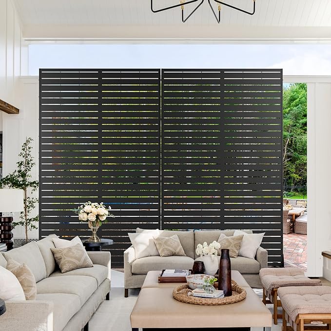 Metal Privacy Screen Outdoor 72" H×44" W,Freestanding Decorative Privacy Screen for Balcony Yard&Garden,Privacy Fence Black&Louvered(5 Panels)