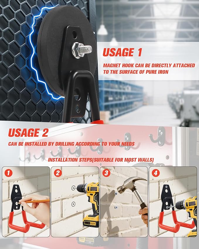 Heavy Duty Magnetic Hooks, Magnet Garage Storage Hooks 4 Pack - Orange Magnet Hooks for Hanging Tools, Garage Organization, Secure Metal Cabinet & Steel Surfaces