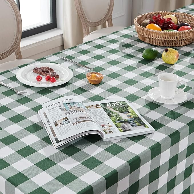 Softalker Spring Checkered Tablecloth Rectangle - Outdoor Waterproof Buffalo Plaid Table Cloth, Stain Resistant Gingham Table Cover for Picnic, Camping, Easter - Hunter Green and White, 60 x 102 Inch