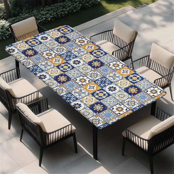 Rectangle Table Cloth Cover Waterproof Elastic Fitted Polyester Fitted Tablecloths for 6 Foot Tables for Indoor,Picnic, Camping, Outdoor （60" x 30"，Bohemian Style）