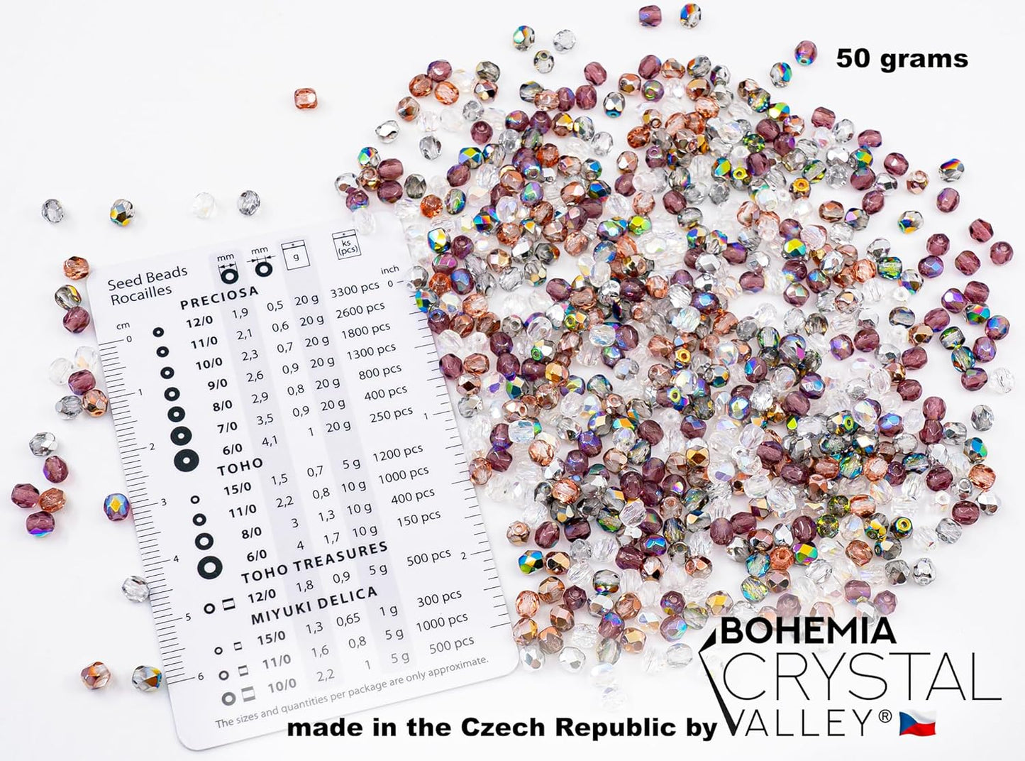 1.8 oz (50 g, cca 600pcs) Mix of Faceted Fire Polished Pressed Czech Glass Beads, Sparkling Shiny Mix