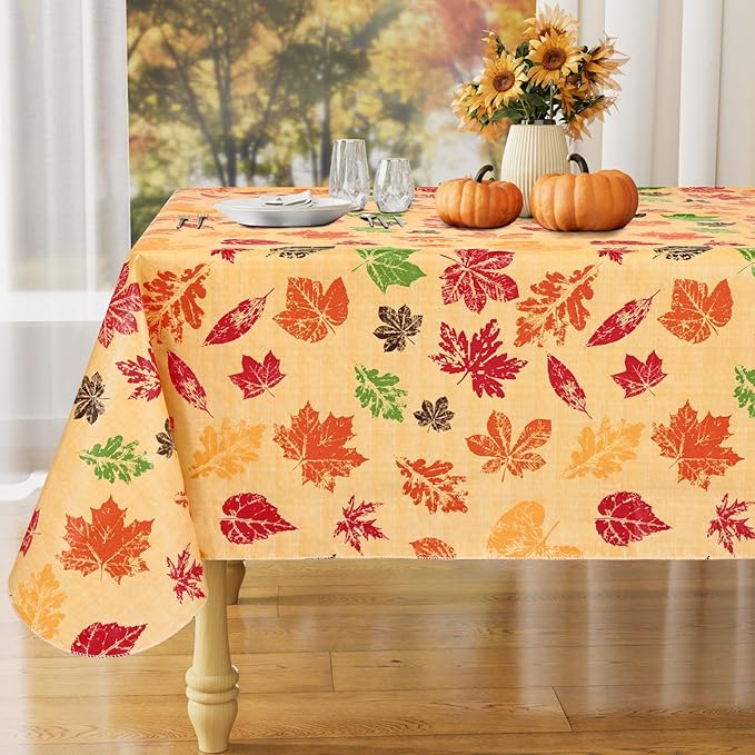 misaya Rectangle Waterproof Vinyl Table Cloth, Wipeable Tablecloth with Flannel Backing, Plastic Table Cover for Fall, Thanksgiving (Colored Leaves, 60" x 102")