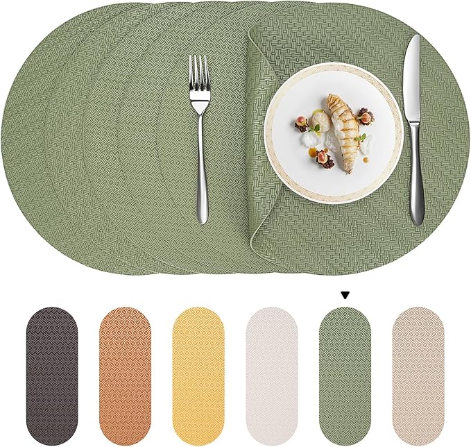Round Faux Leather Placemats Set of 4 – 13 Inch Vinyl Table Mats, Heat Resistant, Non Slip, Wipeable & Washable, Easy to Clean Dining Table Decor for Kitchen & Dining Room（Olive Green）