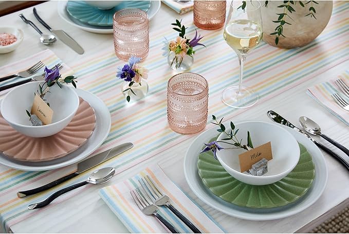 Solino Home Linen Table Runner 72 Inches Long - Julia, 100% Pure Linen Multicolor Muted Pastel Stripe Table Runner 14 x 72 Inch for Dining, Dresser, Spring, Easter