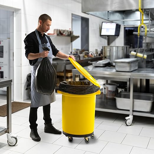 PRO&Family Commercial Round Trash Can with Lid and Dolly Rolling Waste Container, Ingredient Bin, Heavy-Duty Plastic, Anti-Static, Kitchen, Office, Outdoor Use (Yellow, 32 Gallon)