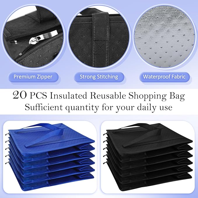 10 Pack Large Insulated Grocery Bags Reusable Shopping Bags with Zippered Top 13 x 12 x 7 Inch Thermal Cooler Totes Bulk with Handles for Hot Cold Food Delivery Refrigerator(Blue and Black)