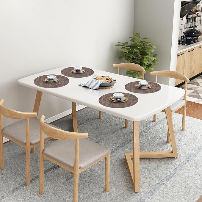 Homaxy Round Faux Leather Placemats and Coasters, Washable Dual-Side Table Mats, Wipeable Heat-Resistant Dining Place Mats for Outdoor and Indoor, Set of 6, Diameter 13 and 3.93 inch, Dark Brown
