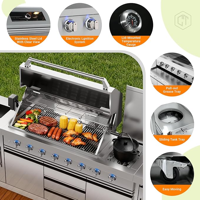 CT Copper Tailor 6-Burner Outdoor Kitchen BBQ Grill Island 99,000 BTUs with Sink, Fridge, Rear Burner, Side Burner, Storage Cabinets & Drawers, Cover, Stainless Steel with Natural Gas Kit)