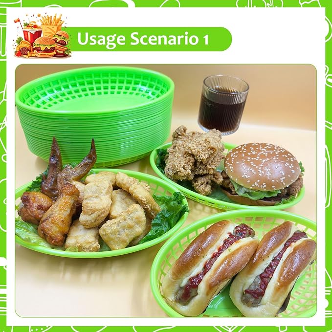 20 Pack Plastic Fast Food Baskets, 8.8" × 5.5" Small Oval Restaurant Serving Baskets Tray for Burgers, Sandwiches, Hot Dogs, Parties, Food Trucks, Reusable or Disposable, Stackable(Green)
