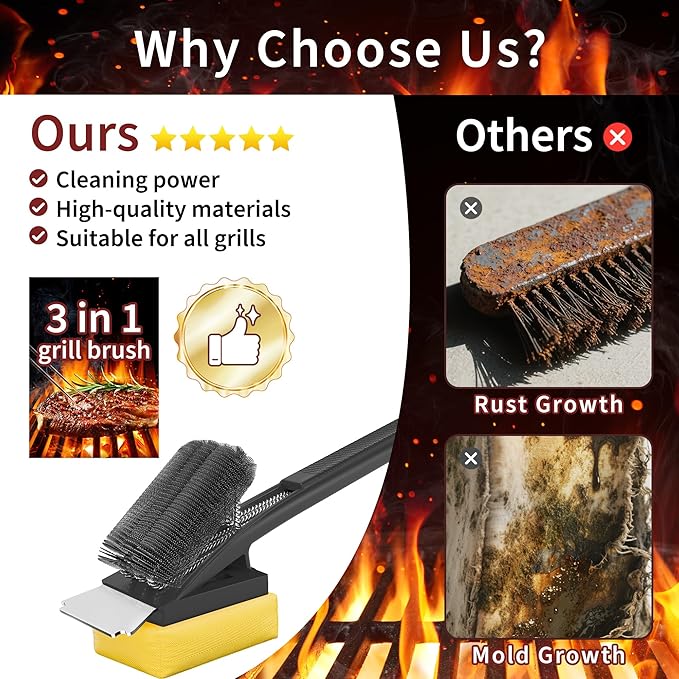 BBQ Grill Brush with Scraper-Removable BBQ Clearning Brush Head with Wire Bristles Brush & 2 Steam Brush-Black Grill Cleaner Brush Accessories for Gas/Charcoal Grilling Grates-Gifts for Grill Men