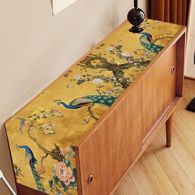 Peacock Table Runner,Golden Vintage Asian Chinese Style Peony Floral Branch Table Center Decor for Family Kitchen and Living Room Outdoor Farmhouse Party Table Decorations, 13"x36"