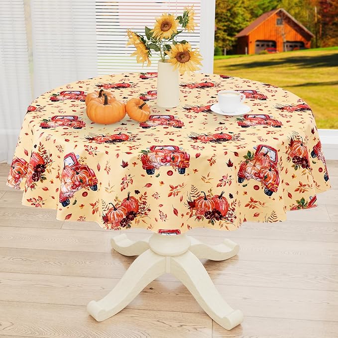 misaya Round Waterproof Vinyl Table Cloth, Wipeable Tablecloth with Flannel Backing, Plastic Table Cover for Fall, Thanksgiving (Pumpkin Truck, 60")