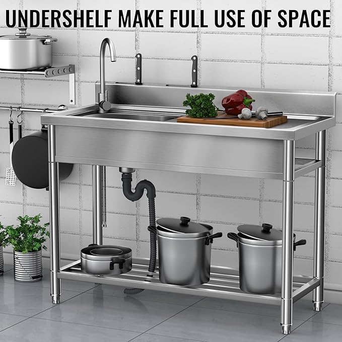 Stainless Steel Sink, Free Standing Kitchen Sink with Countertop Workstation, Utility Sink Single Bowl with Cold and Hot Water Pipe for Kitch Laundry Room Garage Farmhouse Indoor Outdoor (39 Inch L)